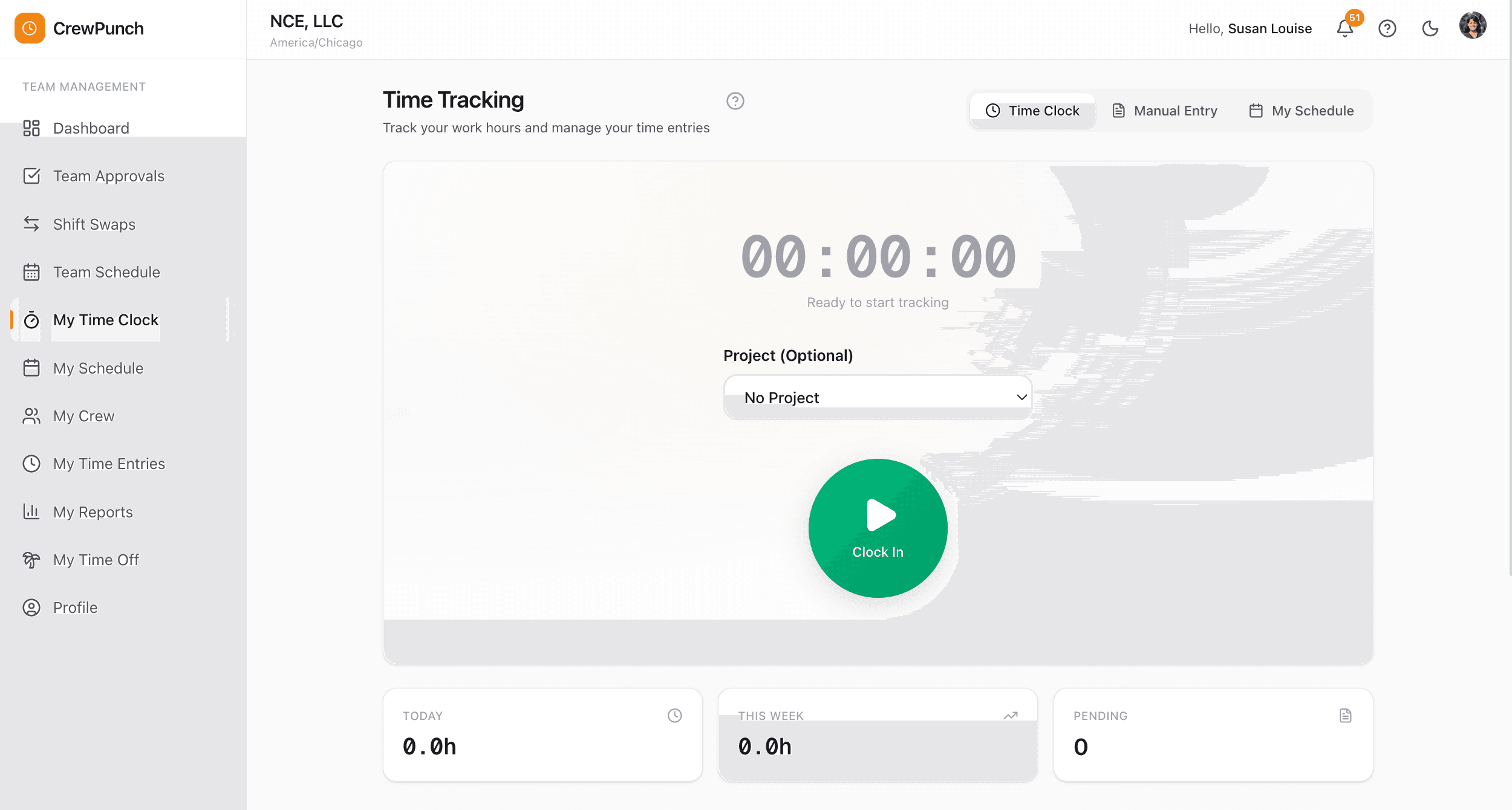 One-Tap Time Clock desktop view — CrewPunch screenshot