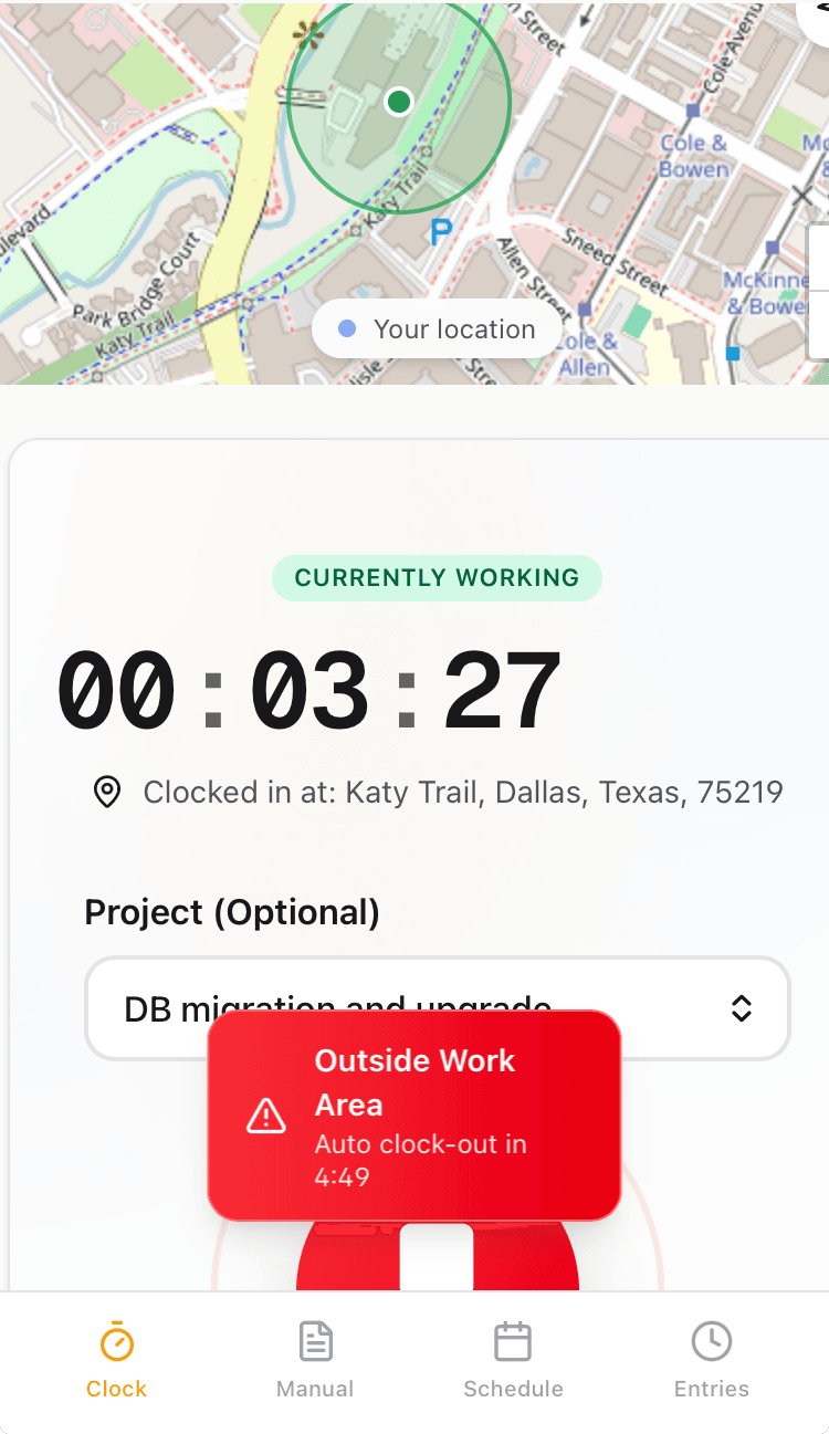GPS Geofencing — Auto clock-out countdown