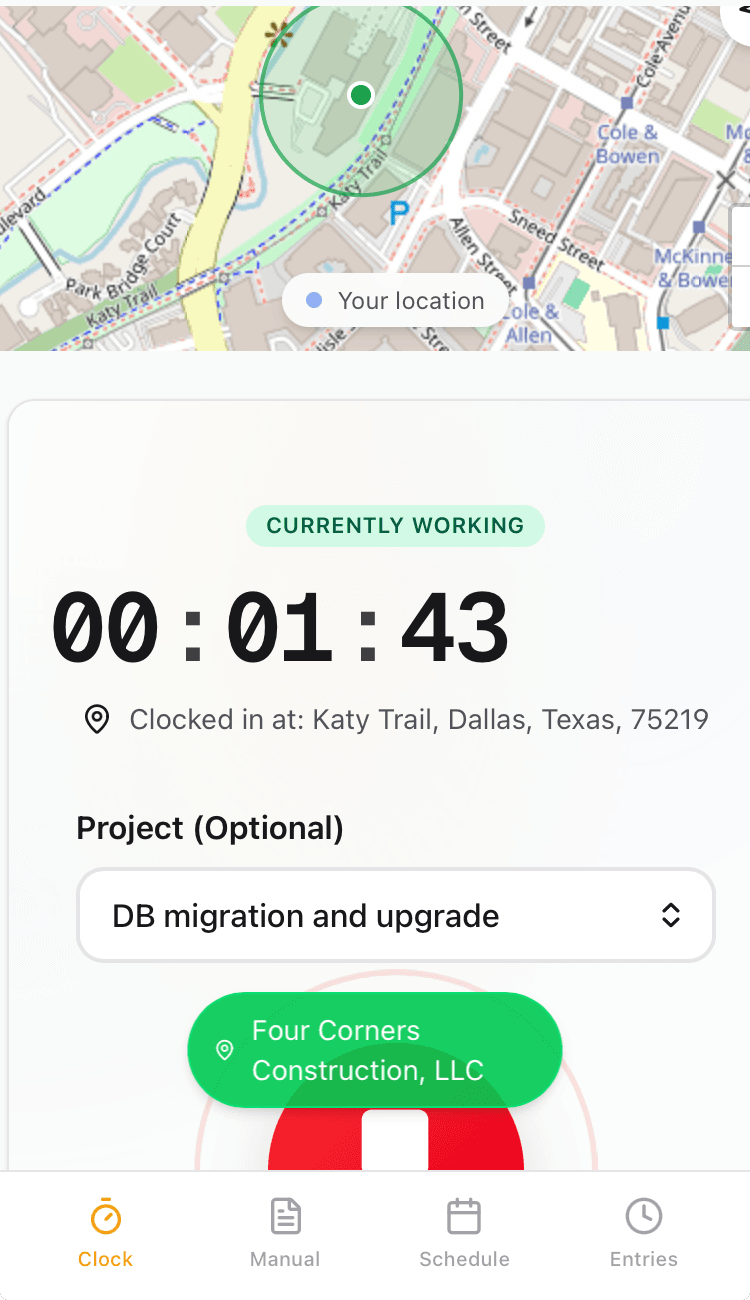 GPS Geofencing — Clocked in within the geofence