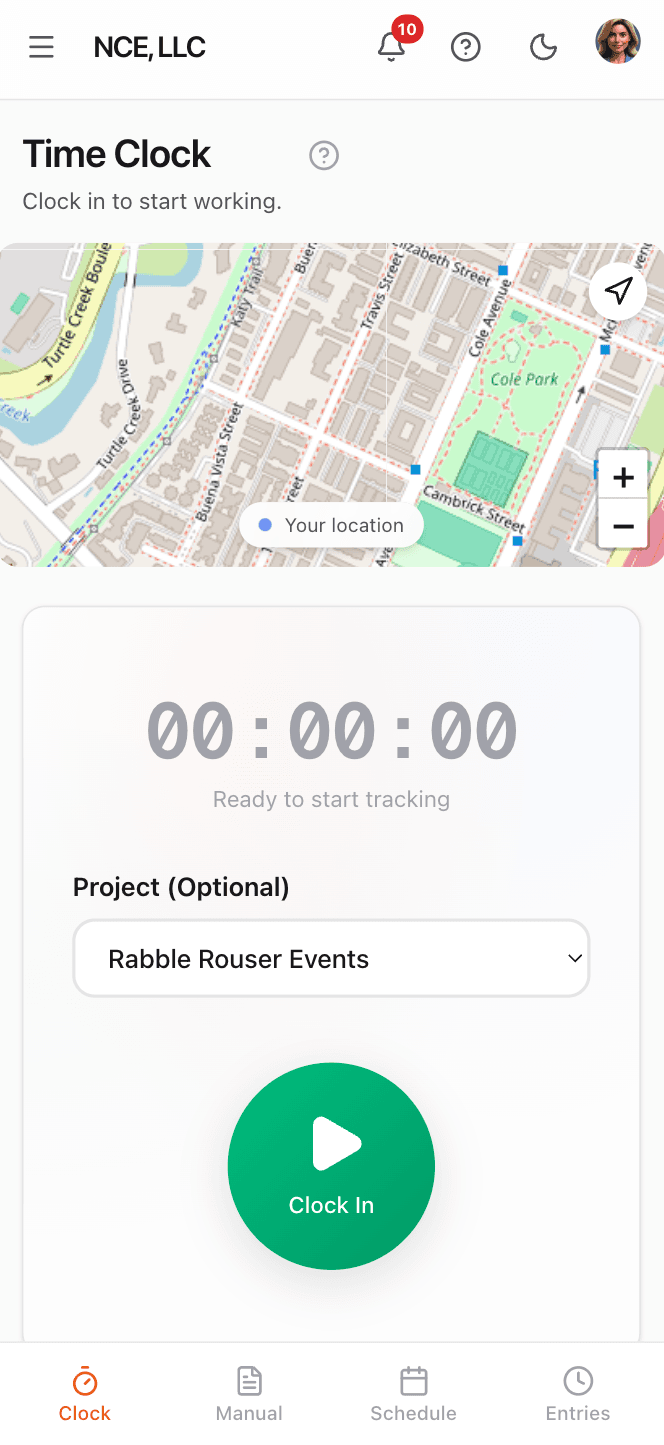 One-Tap Time Clock mobile view — CrewPunch screenshot