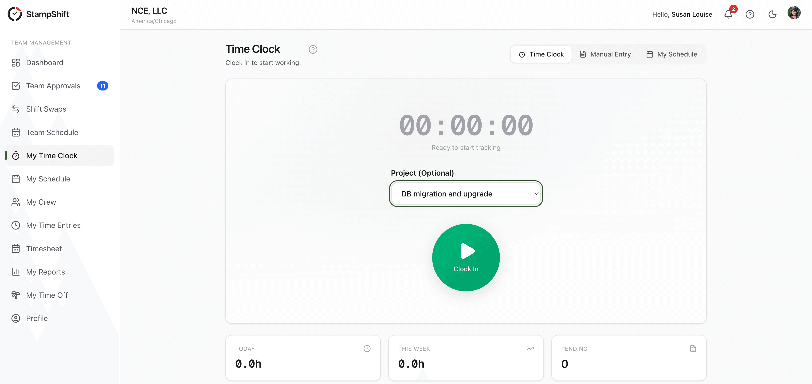 One-Tap Time Clock desktop view — StampShift screenshot